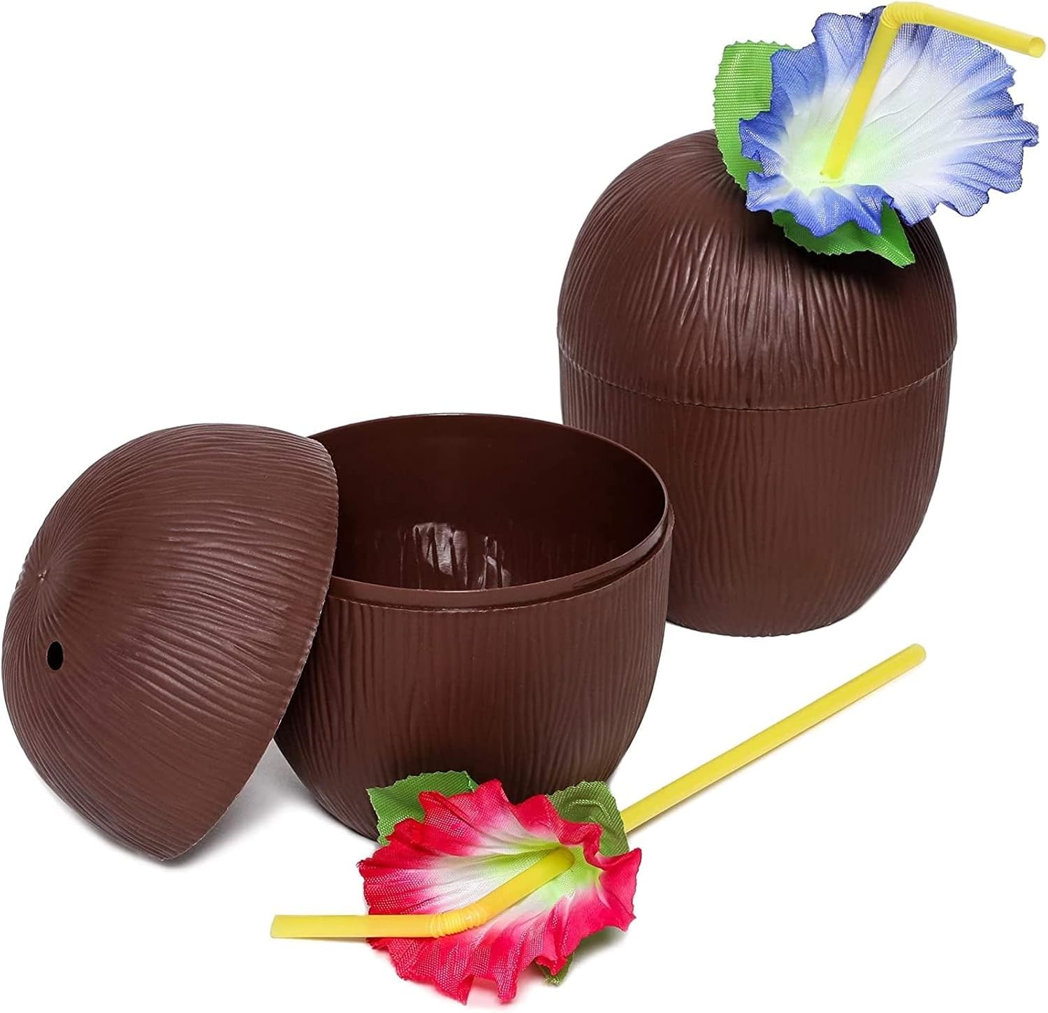 Juvale 12-Pack 16 Ounce Plastic Coconut Cups with Straws, Hawaiian Tropical Luau Party Supplies