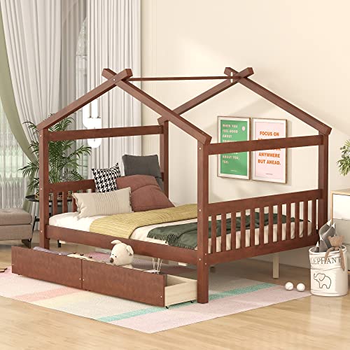 Solid Wood Platform Bed for Kids Boys Girls, Twin Size House-Shaped Headboard Bed with Fence Guardrails, Drawers and Built-in Shelves (White/Drawers*H)