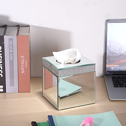 Sumnacon Square Crystal Tissue Box Cover - Decorative Cube Glass Tissue Box Holder, Modern Mirrored Facial Tissue Holder for Bathroom Vanity Dresser Night Stand Table Countertop Office Home Decor