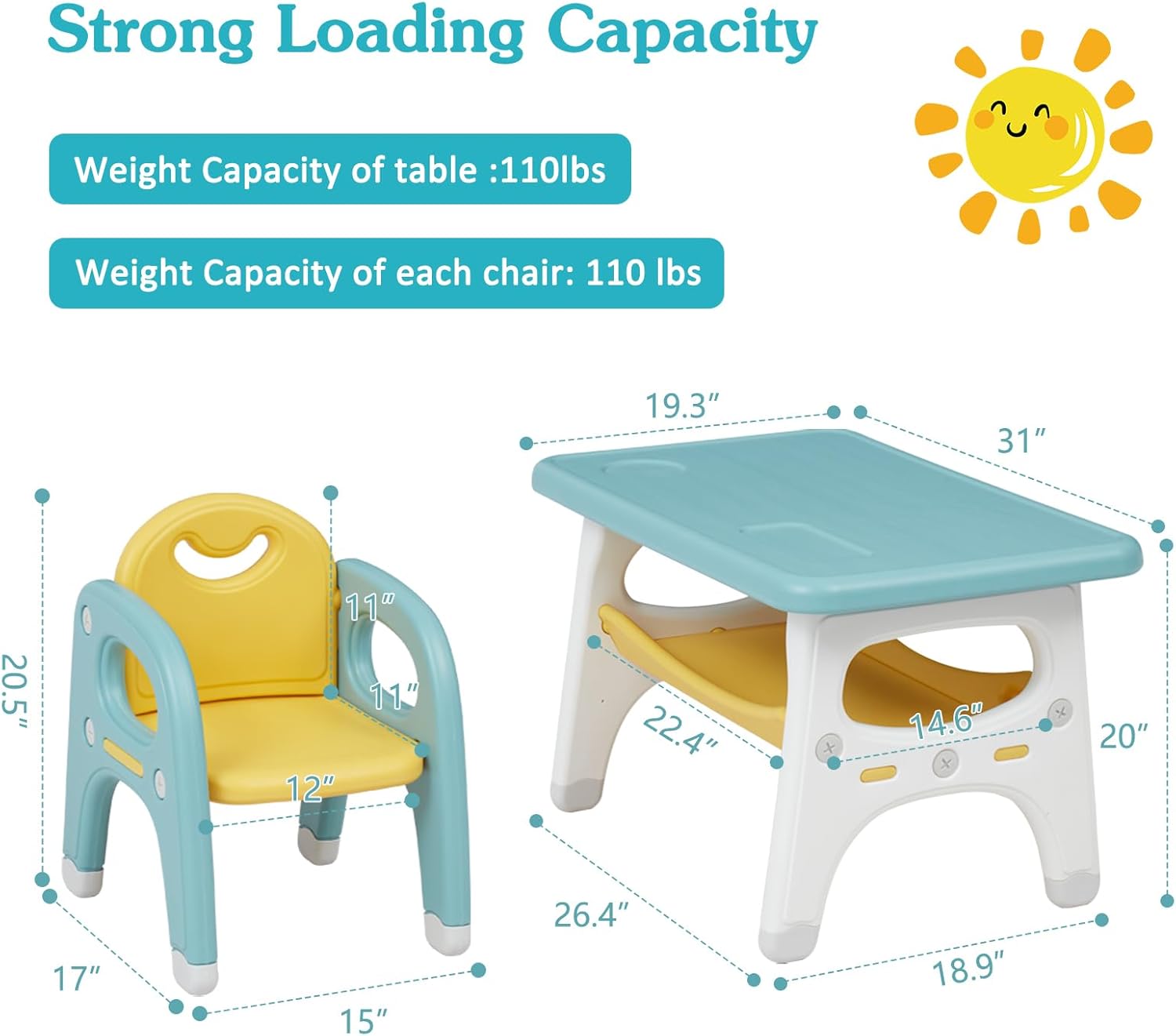 Kids Table and Chairs Set for 2 - Kids Study Table and Chair Set Toddler Activity Table Desk Set for Daycare, Classroom, Home, Green & Yellow