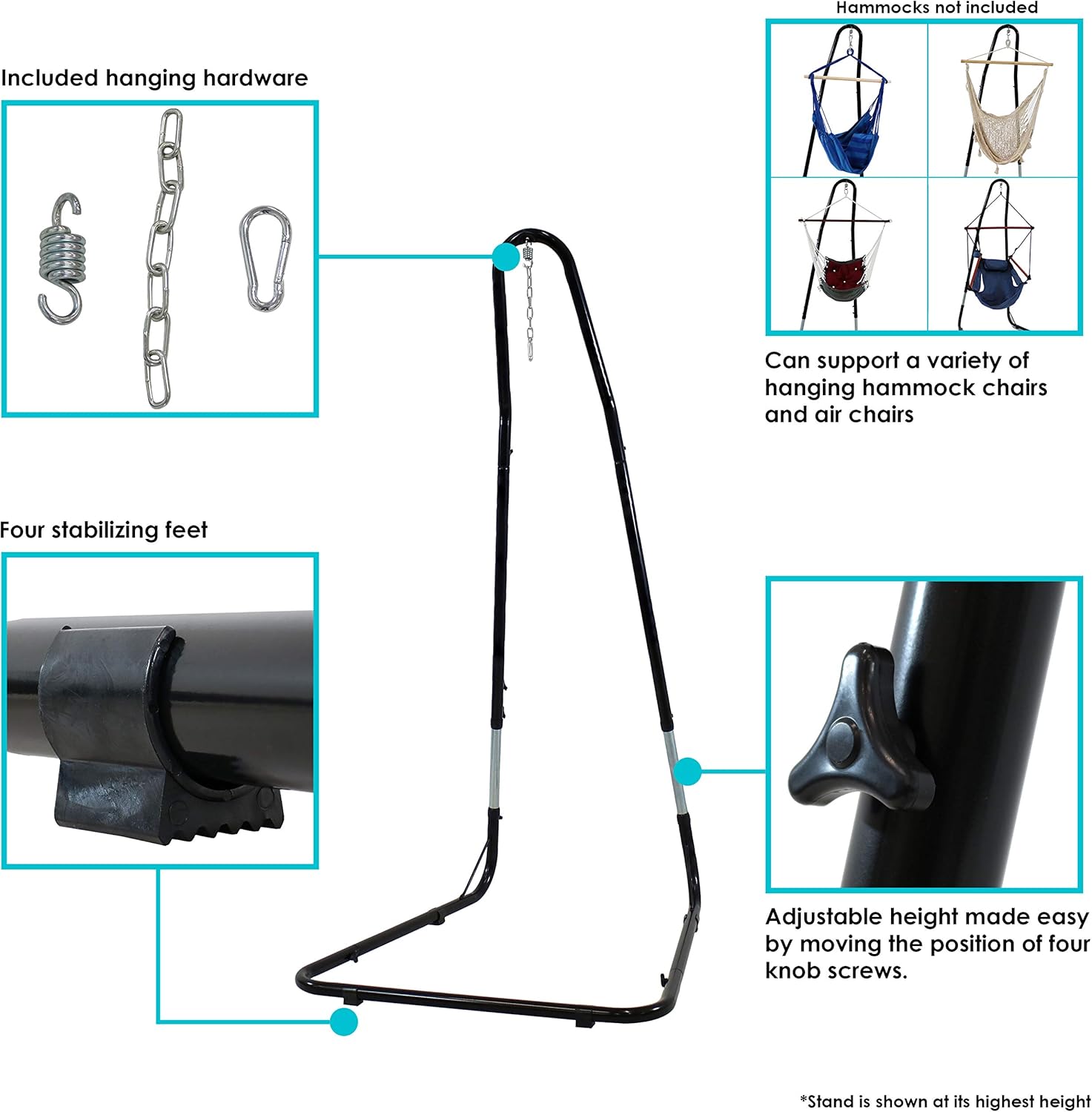 Sunnydaze XL Gray Hanging Polyester Rope Caribbean Hammock Chair and 79- to 93-Inch Tall 330-Pound Weight Capacity Heavy-Duty Hanging Chair Stand Bundle