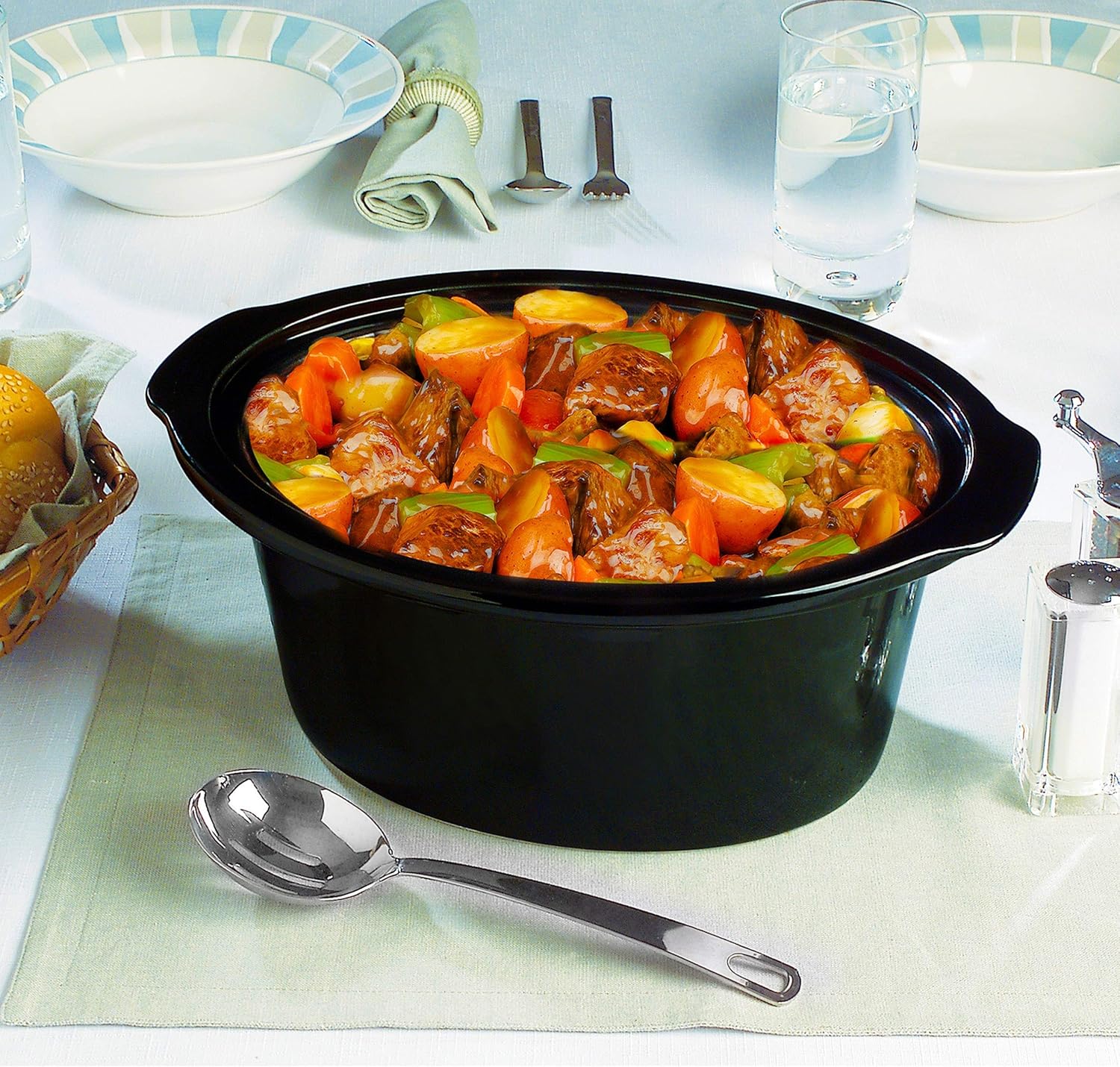 MegaChef Round Triple 1.5 Quart Slow Cooker and Buffet Server in Brushed Copper and Black Finish with 3 Ceramic Cooking Pots and Removable Lid Rests