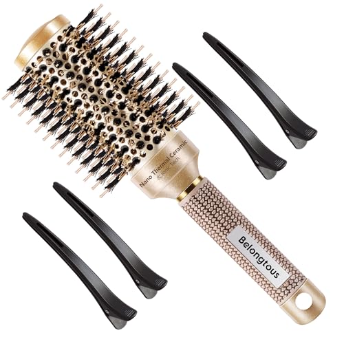 Round Brush, Nano Thermal Ceramic & Ionic Tech Round Barrel Boar Bristles Hair Brush, Roller Brush for Blow Drying, Curling, Straightening and Hair Styling, 4 Free Clips (2.1 Inch, 53mm)