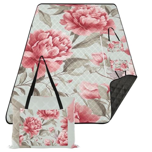 Floral Flowers Red Picnic Blanket Waterproof Foldable Outdoor Beach Blankets Sandproof Picnic Mat Extra Large Camping Blanket for Grass Park Hiking Travel Concerts Indoor, 60x80 in