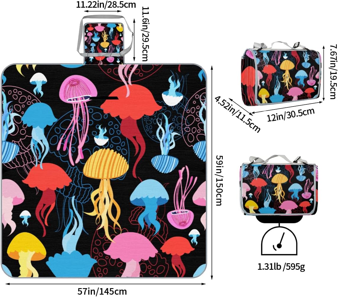 Picnic Blankets 57”x 59”, Colorful Jellyfish Waterproof Sandproof Picnic Mat Lightweight Foldable Beach Blanket for Camping Park Grass Beach Outdoor Blanket