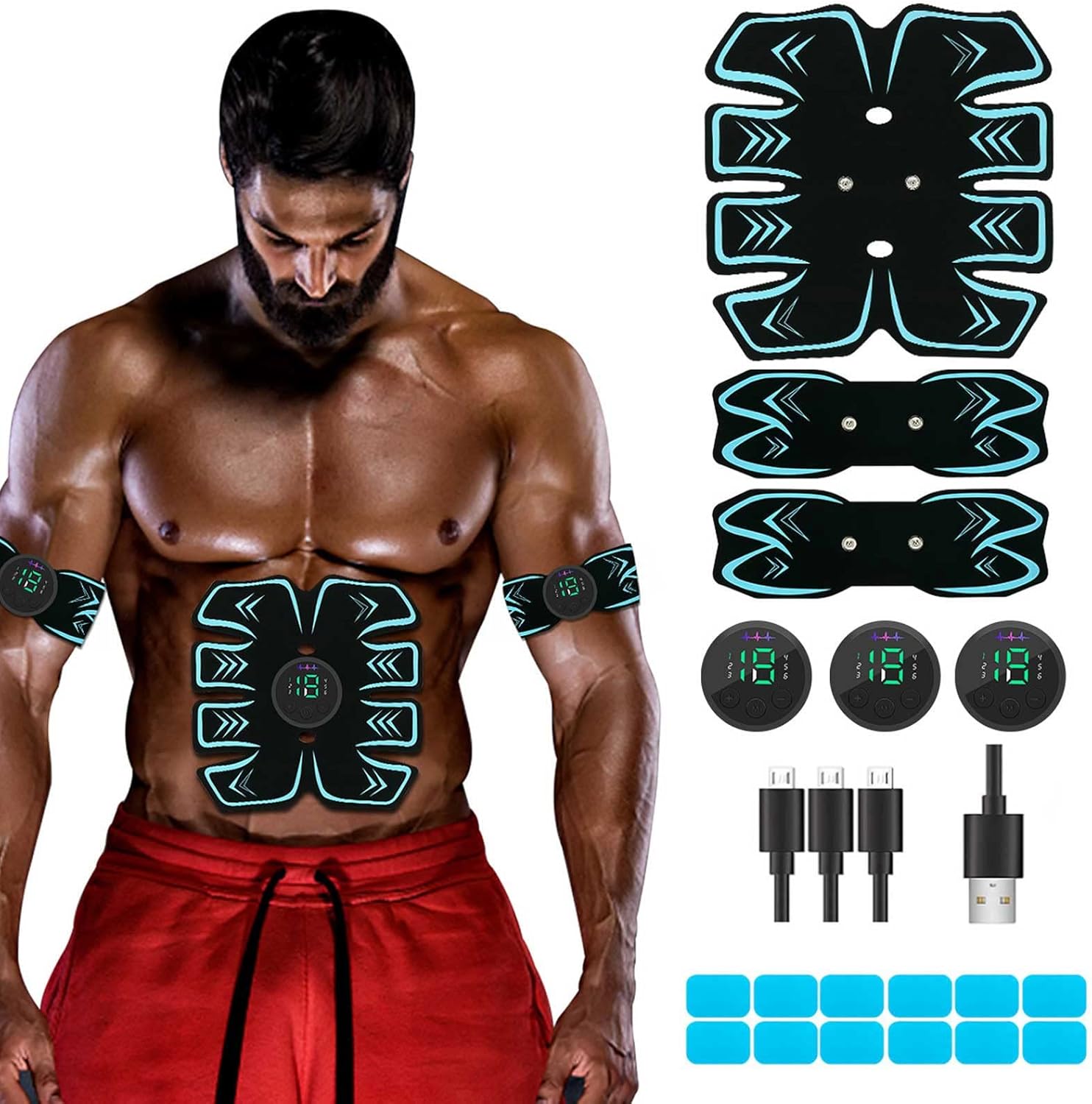 Abs Stimulator, USB Rechargeable Portable Fitness Workout Equipment with 10pcs Free Gel Pads for Men Woman, The Latest Model 6 Modes, 19 Levels of Intensity