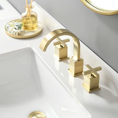 Phiestina Brushed Nickel Waterfall Bathroom Faucet, Widespread 3 Hole 8 Inch Modern Sink Faucet, with 360 Degree Swivel Spout, Pop Up Drain and Water Supply Lines, WF001-10-BN