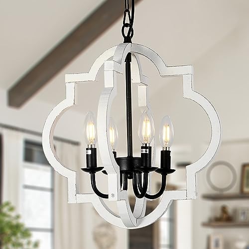 Farmhouse Chandelier, 4-Light Dining Room Light Fixtures Over Table, Distressed Wood White Chandeliers for Dining Room Kitchen Island Living Room,Rustic Orb Pendant Lighting for Foyer Entryway