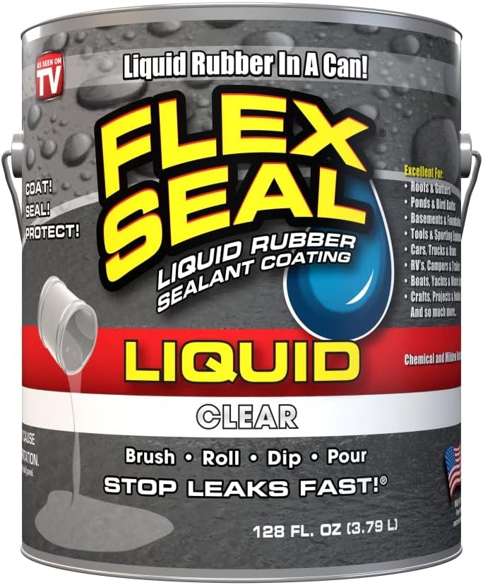 Flex Seal Liquid, 1 Gallon, Clear, Liquid Rubber Coating Sealant, Waterproof, Flexible, Breathable, and UV Resistant, Roof Repair, Basements, RV, Campers, Trailers, Marine, EPDM, Masonry