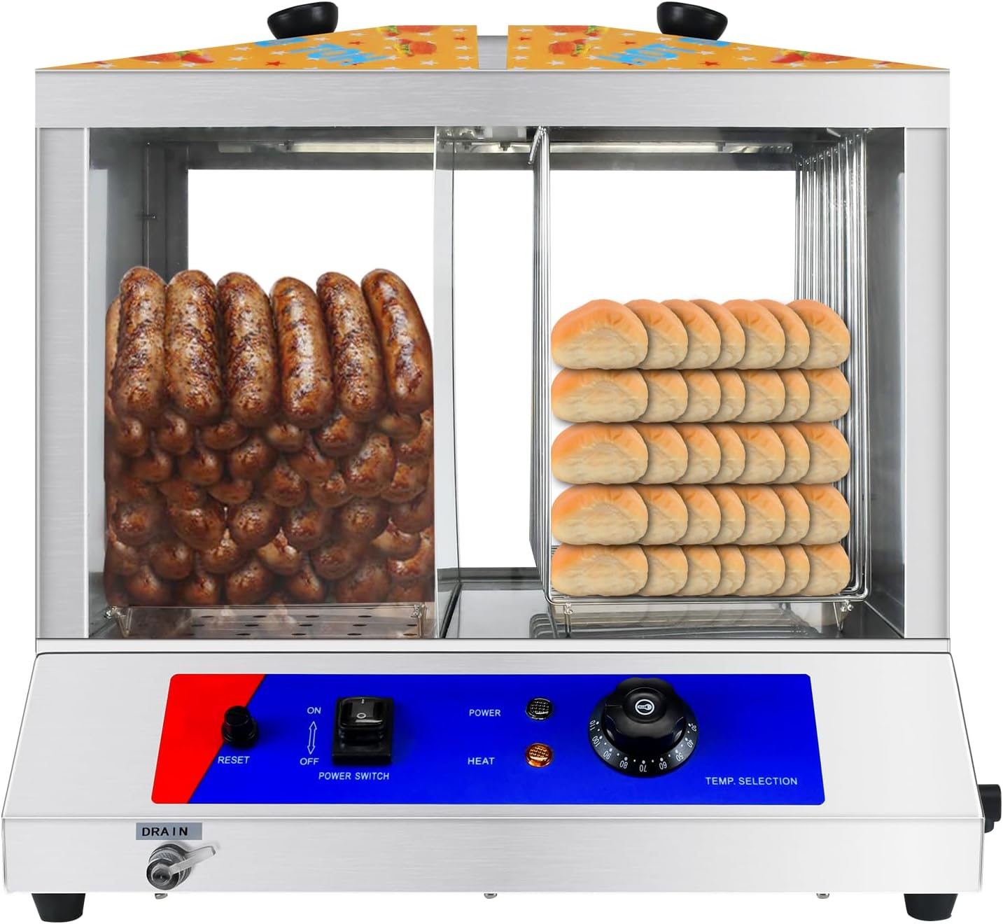 Hot Dog Steamer 36L Hot Dogs Buns Steamer for 100 Hot Dogs & 50 Electric Bun Warmer Cooker with Thickened Tempered Glass Stainless Steel