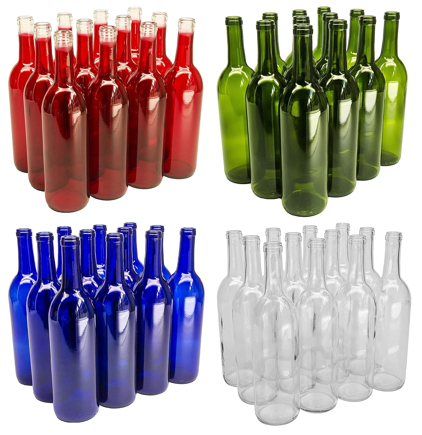 North Mountain Supply Assortment of Red, Green, Blue & Clear Glass Bordeaux Wine 750ml Bottle Flat-Bottomed Cork Finish - 48 Bottles (12 Red, 12 Green, 12 Blue, & 12 Clear)