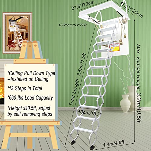 TECHTONGDA Ceiling Attic Loft Ladder, Folding Ladder Loft Stair, 13 Steps Retractable Attic Ladder, White Pulldown Attic Stairs with 27.5 x 47.2in Open Size and 10.5ft Heigh, Pulling Down from Ceiling