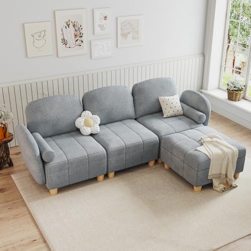 LLappuil Modular Sectional Couch, Convertible L Shaped Sectional Sofa for Living Room 4 Seater Sofa in Cozy Removable Covered Teddy Velvet Fabric,with Coffee Table Ottoman (Grey)
