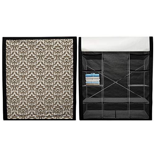 Ambesonne Damask Portable Fabric Wardrobe, Floral Damask Featuring Scrolled Motifs Antique Victorian Style Old Country, Clothing Organizer and Storage Closet with Shelves, 42.5