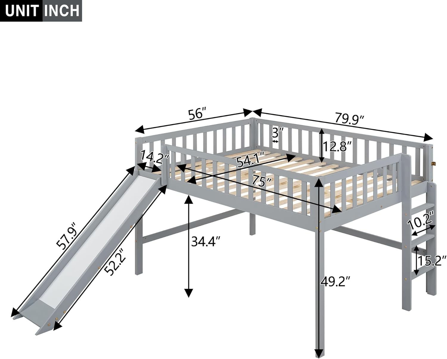 Full Size Low Ladder and Slide, Solid Wood Loft Beds with Safety Guardrail, Ideal for Kids Teens Adults Bedroom Furniture, No Box Spring Needed, Easy Assembly, Gray