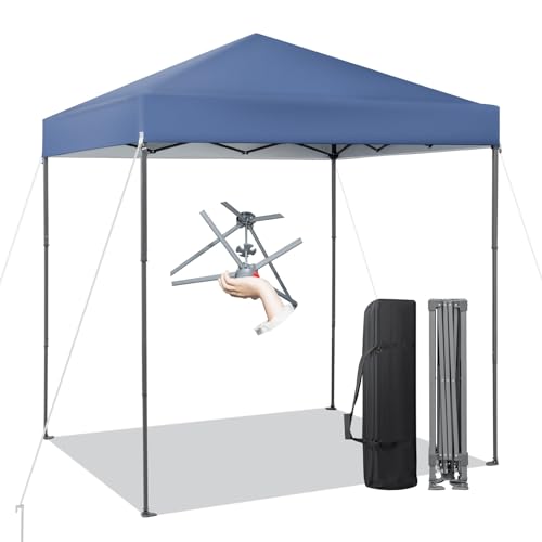 6.6x6.6 Ft Pop Up Canopy, 1 Person Instant Setup Outdoor Canopy with Push Center Lock, 8 Stakes, 4 Ropes, Carrying Bag, Portable Folding Shelter, UPF 50+ Sun-Protective Canopy Tent (Blue)