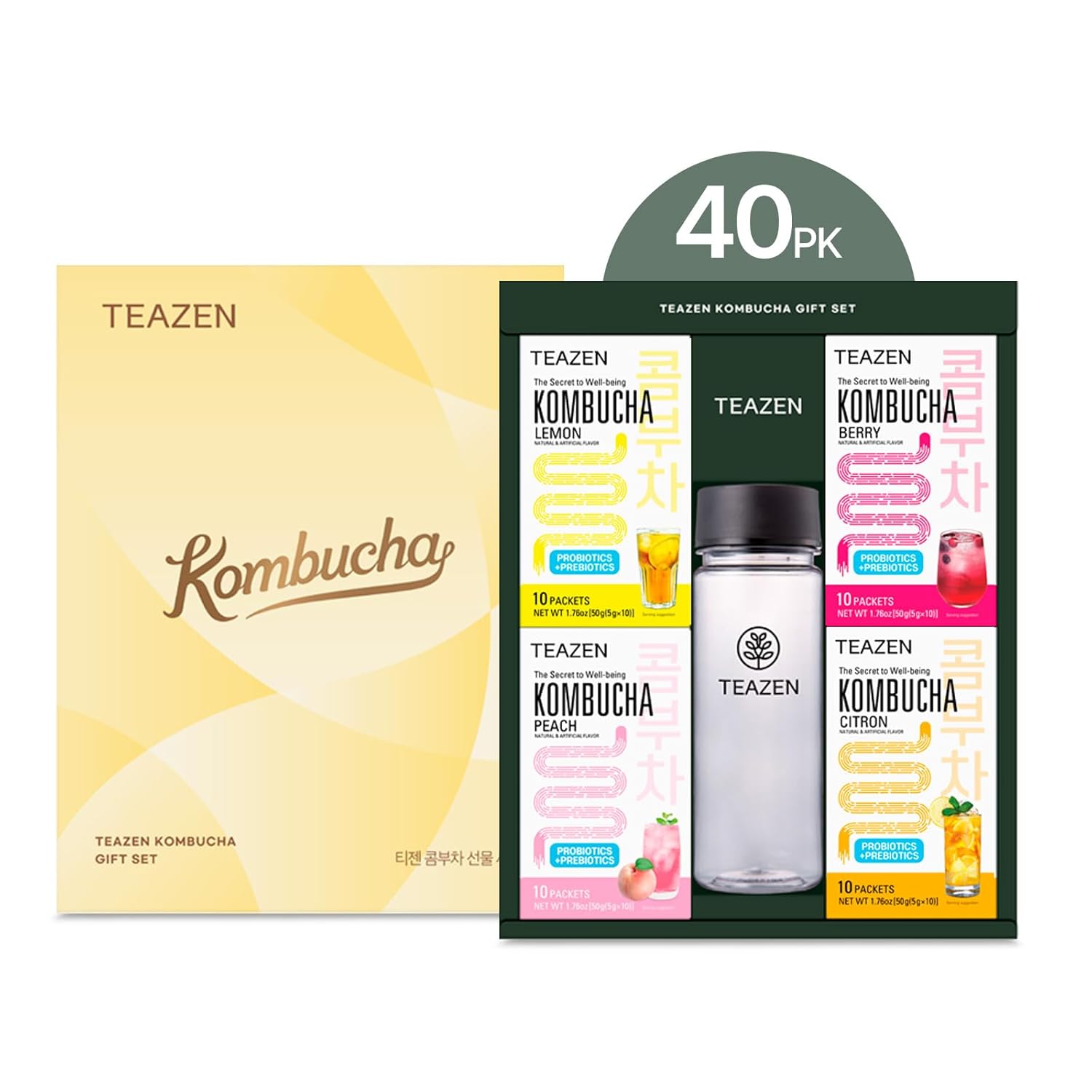 TEAZEN Kombucha Tea Gift Set, Variety Pack, Sugar Free, Sparkling Fermented Powdered Mix Beverage from Korea, Live Probiotics & Prebiotics, 40 Sticks, 7.05oz (Lemon, Berry, Citron, Peach)