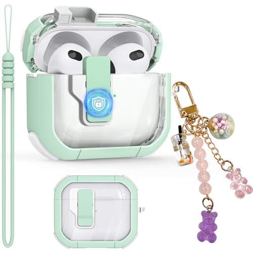 Clear Case for AirPods 3 Gen Case 2021, Automatic Snap Switch Secure Lock Airpod Case Cover for Apple Airpods 3rd Generation Charging Case with Metal Keychain,Black