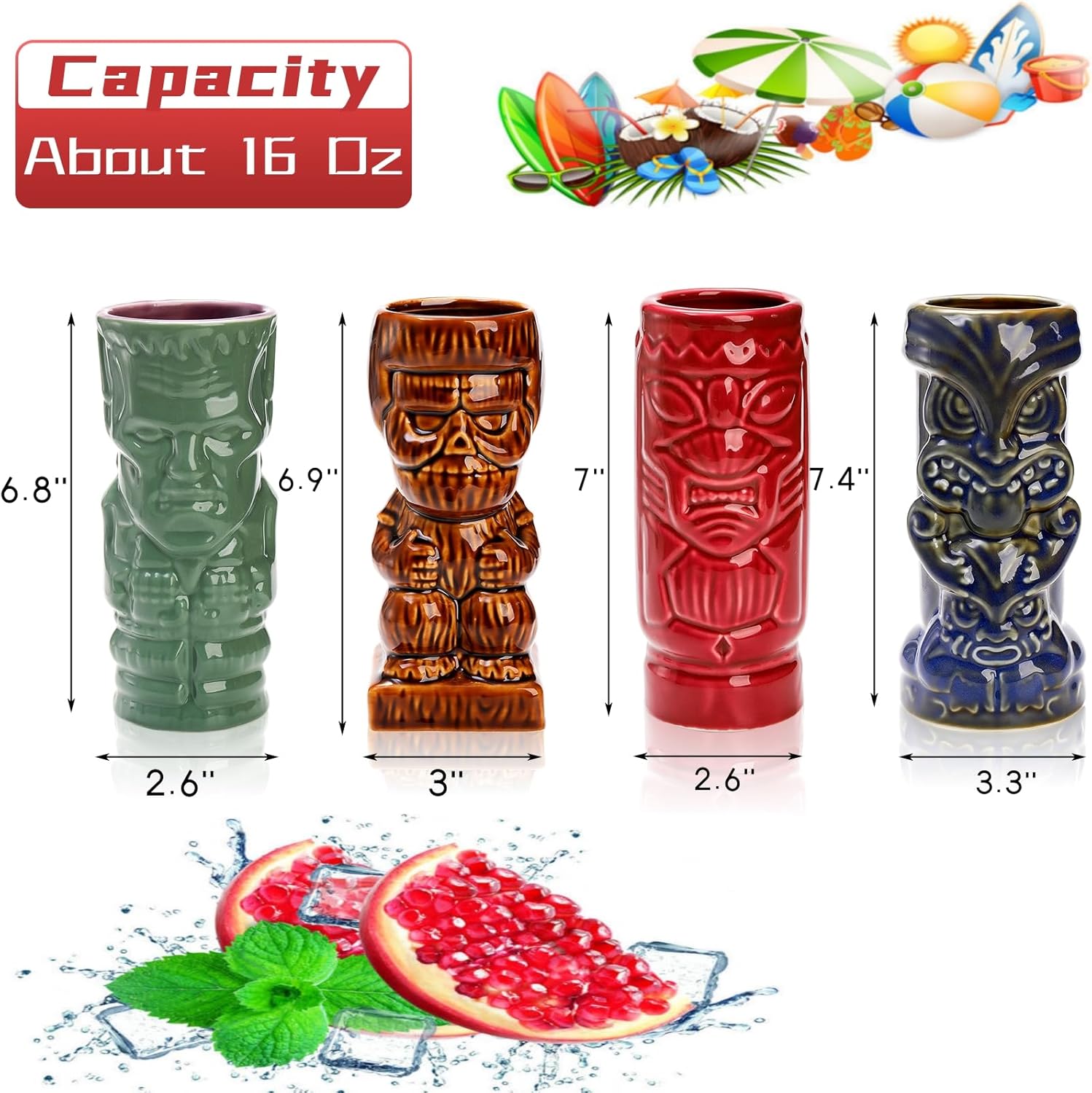 Set of 4 Ceramic Tiki Glasses, 16 Oz Large Tiki Cups for Cocktails, Halloween Vintage Hawaiian Party Drinking Mugs Barware Set Decor for Whiskey, Rum, Vodka