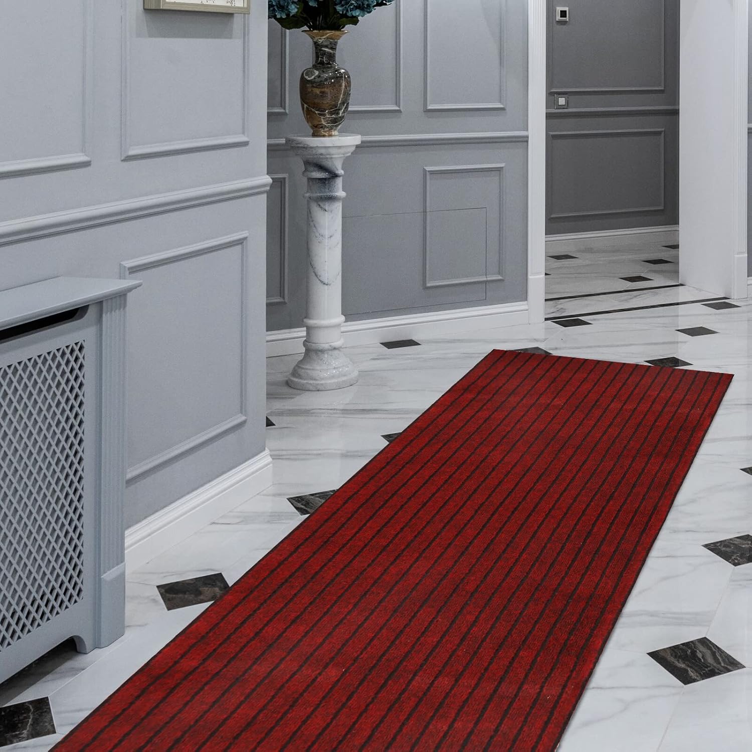 Runner Rugs 3' x 10' Indoor Outdoor Carpet Runner, Area Rugs with Anti-slip Rubber Backing for Aisle Hallway Balcony Garage Entryway Stair, Red Stripe