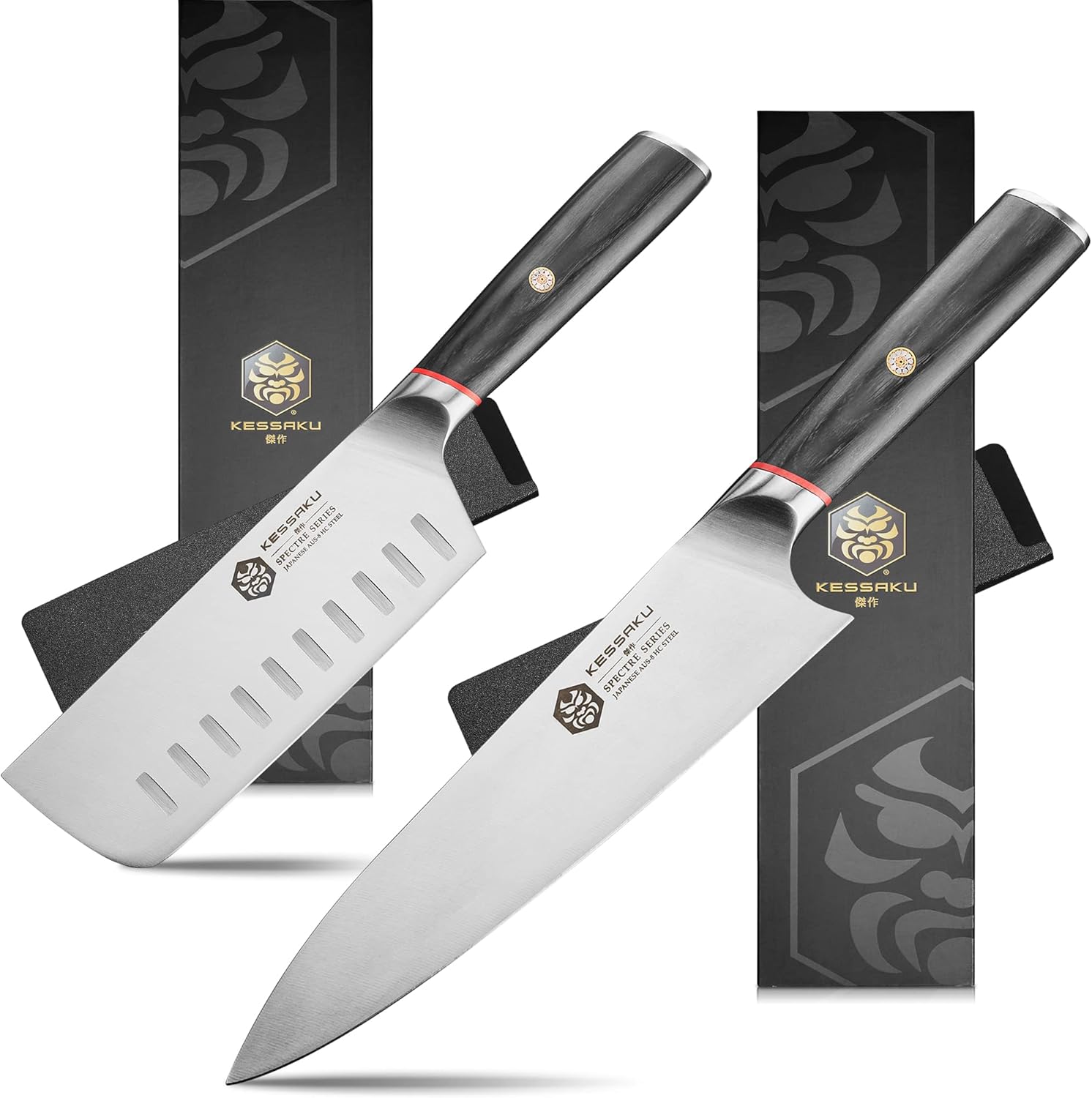 8-Inch Chef and 6-Inch Nakiri - Spectre Series Knife Set - Forged High Carbon Japanese AUS-8 Stainless Steel - Pakkawood Handle with Blade Guards