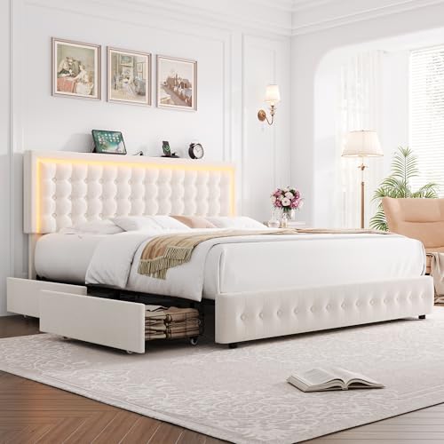 HIFIT Full Bed Frame with Led Lights and Charging Station, Upholstered Platform Bed Frame with 4 Large Storage Drawers and Handcrafted Button Tufted Adjustable Headboard, Beige, No Box Spring Needed