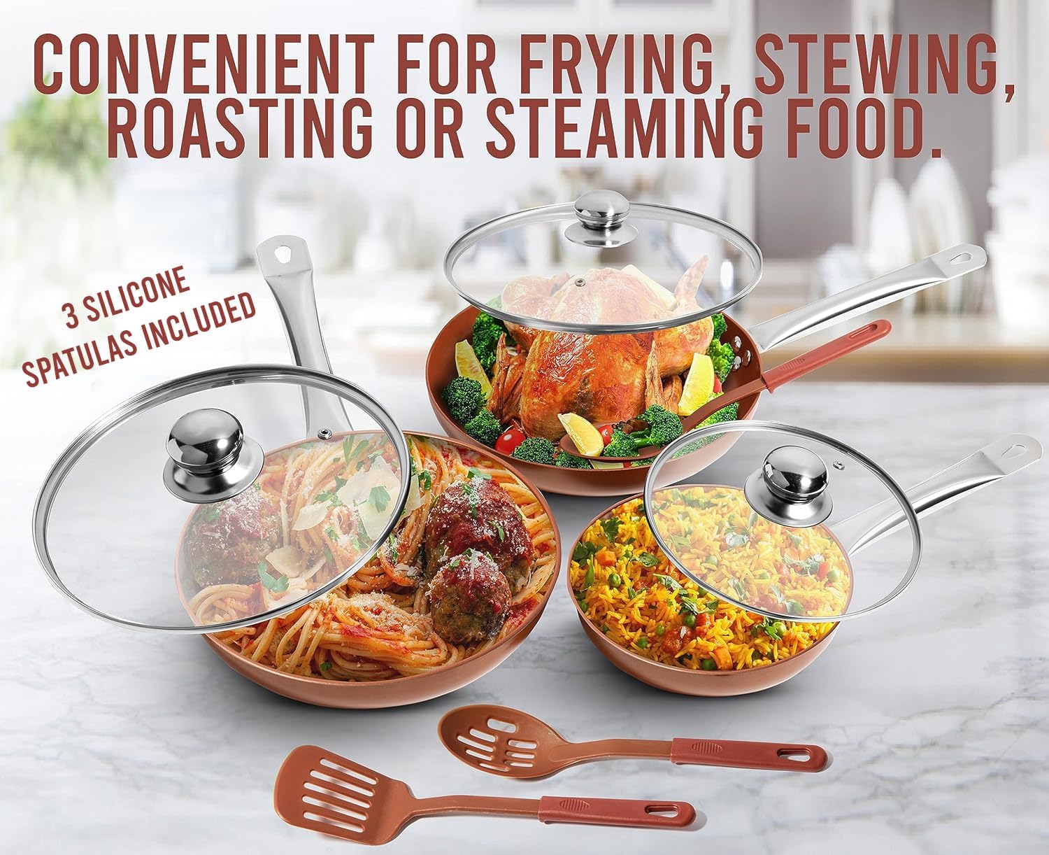 Razab Copper Frying Pan Set with Lids, 8