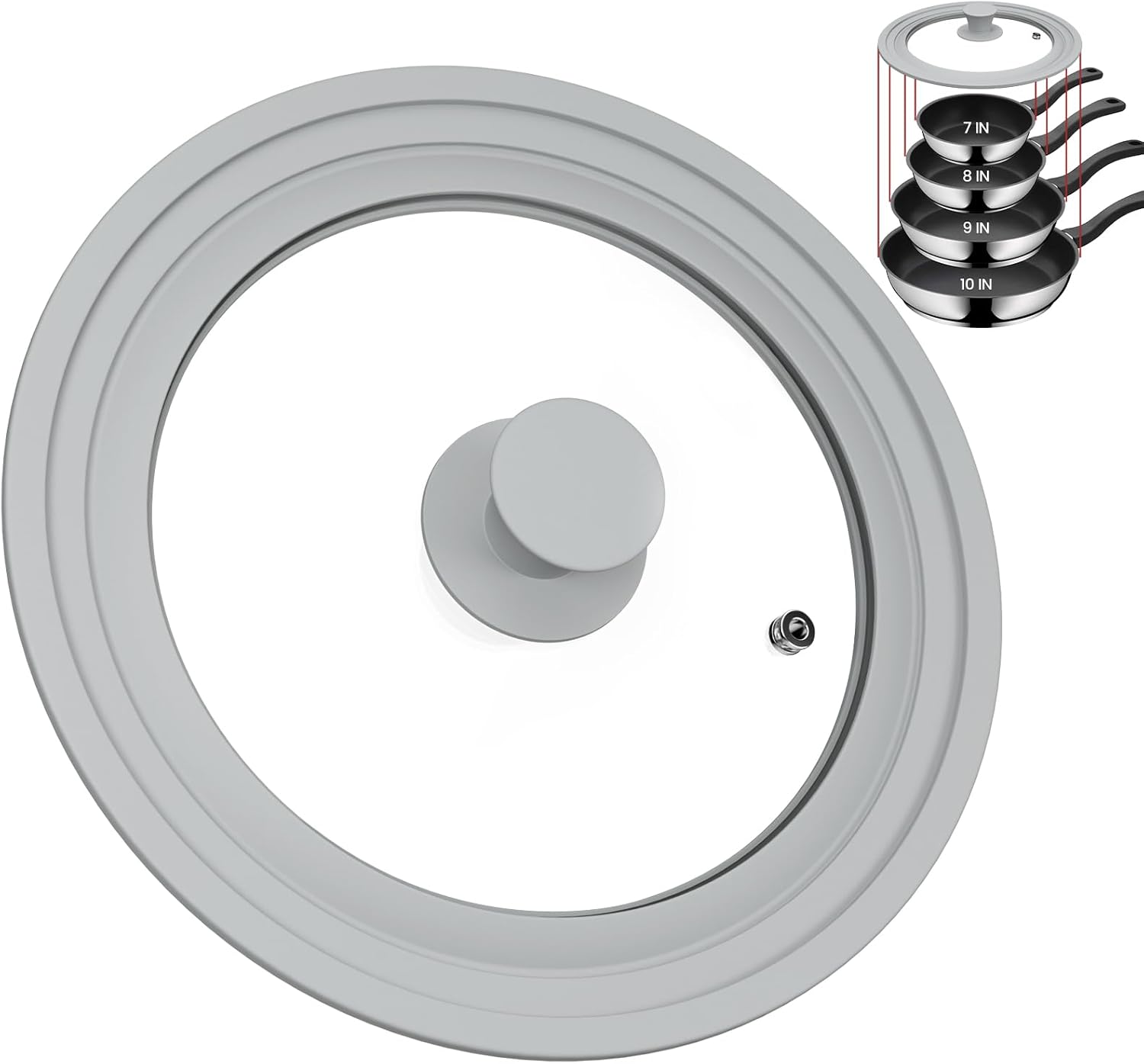 Universal Lid for Pots, Pans, and Skillets - Tempered Glass Lid with Silicone Rim Fits All 7 to 10 Inches Diameter Cookware - Frying Pan Cover - Replacement Lid - Dishwasher Safe, Grey