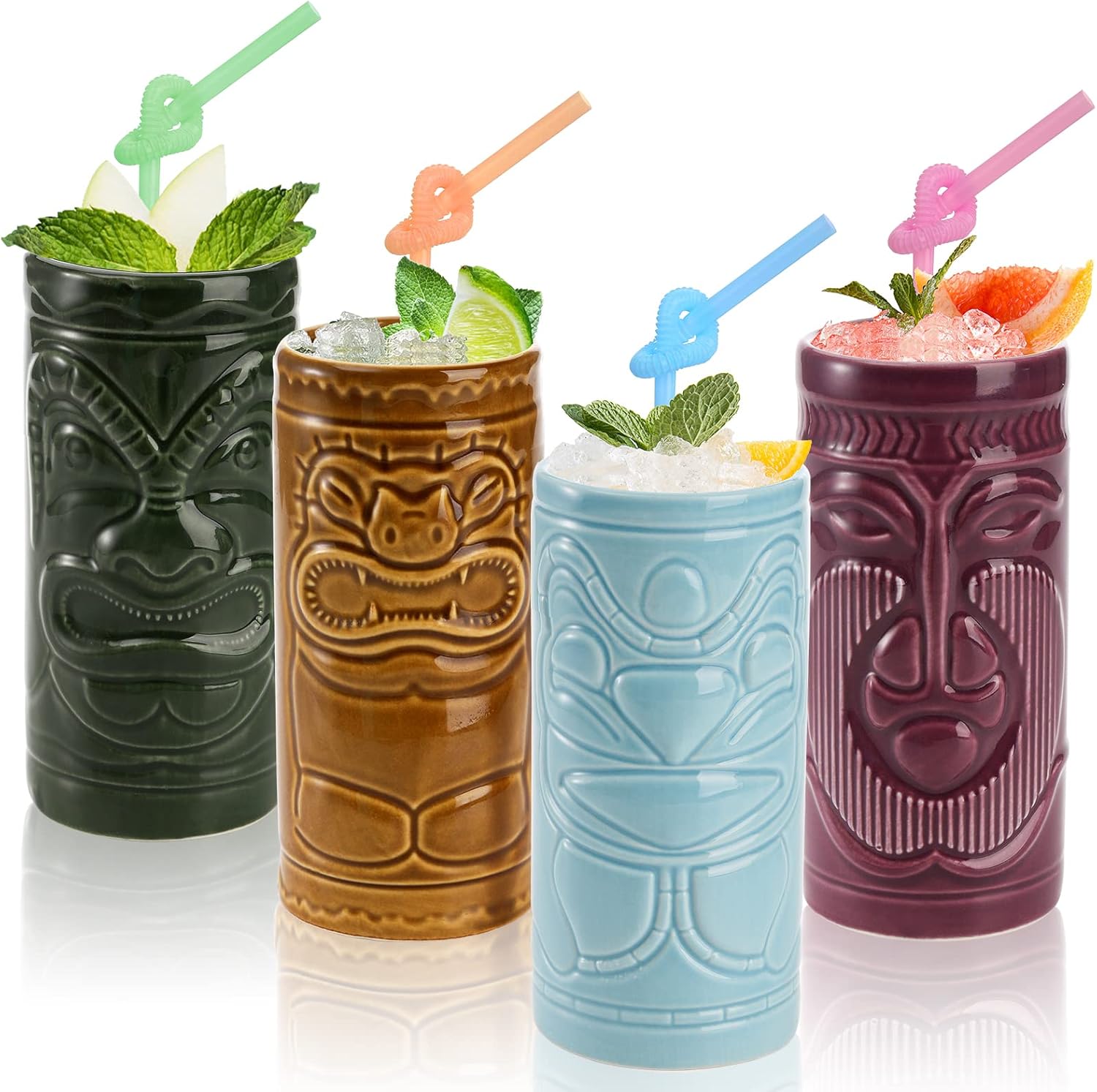 Cedilis 4 Pack Ceramic Tiki Mug, 10oz Tiki Drinking Cups, Exotic Zombie Cocktail Glasses, Tumblers Mai Tai glass, Tiki Bar Professional Hawaiian Party Barware