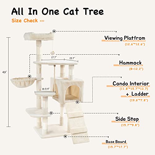 Hawsaiy Multi Level 51 inch Cat Tree Tower for Indoor Cat with Cat Condo, Scratching Sisal Posts,Hammock, Ladder and Feeding Bowl Beige