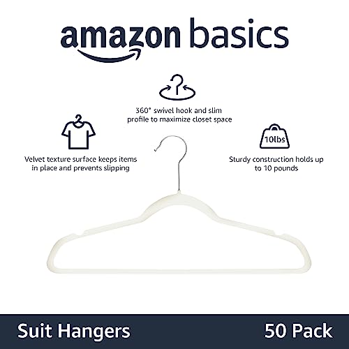 Amazon Basics Slim, Velvet, Non-Slip Suit Clothes Hangers, Black/Silver - Pack of 50