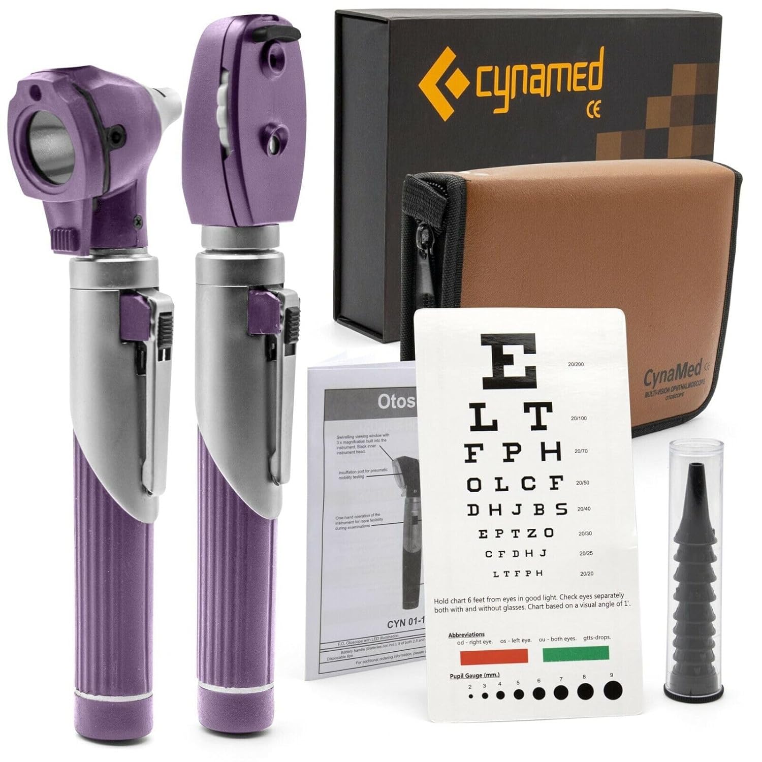 Cynamed Duplex Otoscope Set - Multi-Function Ear Scope for Ear & Eye Examination - includes Zipper Case and Gift Box (Purple)