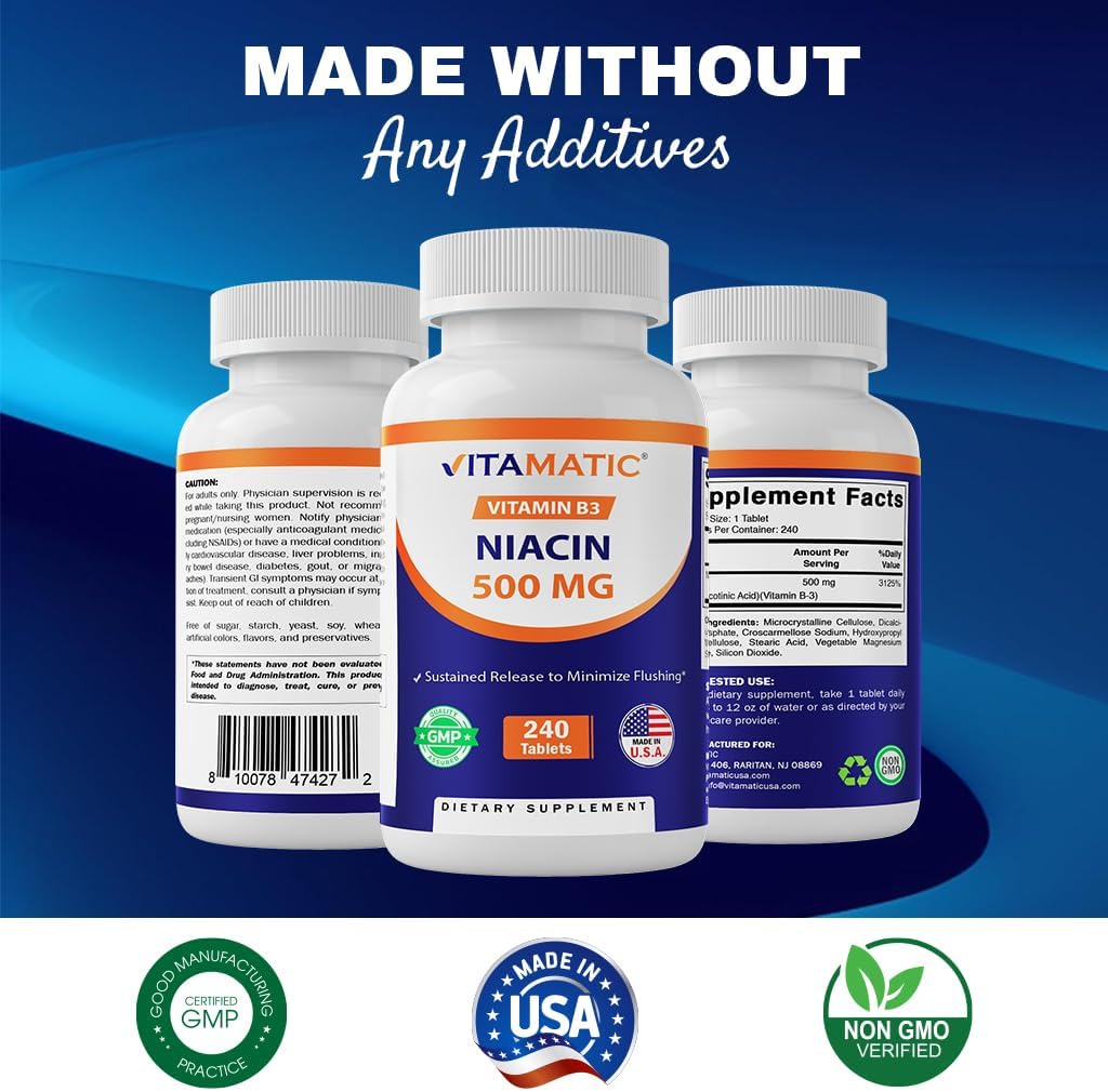 Vitamatic Niacin (Vitamin B3) 500mg, Sustained Release, 240 Tablets - Non-GMO & Gluten Free