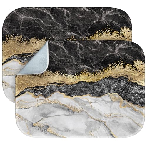 Blue Gold Dish Drying Mat,Abstract Marble Agate Granite Mosaic with Golden Veins Japanese Stone Marbled Dish Drying Mats for Kitchen Counter,Extra Large 18