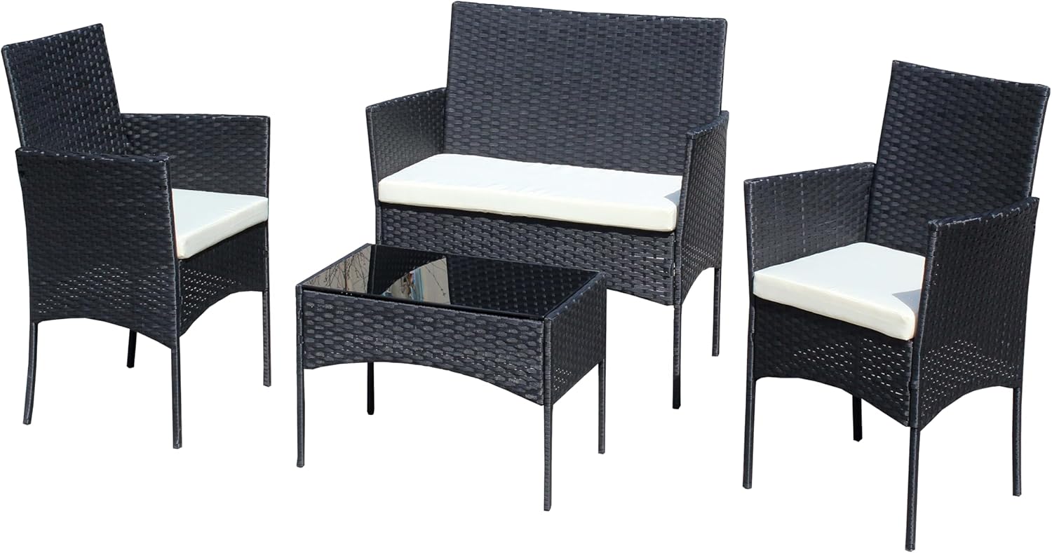 NEWQIDA 4 Pcs Rattan Patio Sofa Furniture Set Conversation Sets Outdoor Wicker Rattan Chairs Patio Cushioned Seat Wicker with Soft Cushion and Glass Table (Beige Cushion), Black