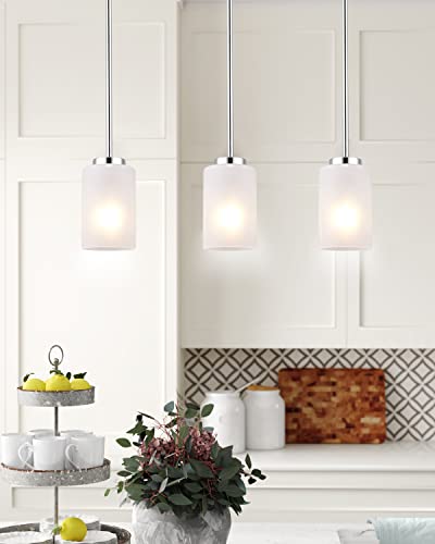 Indoor Brushed Nickel Pendant Light Fixtures, Adjustable Kitchen Island Hanging Lights with White Frosted Glass Shade，Vintage Lamp Mini Pendant Lights for Bedroom Living Room, 3 Pack