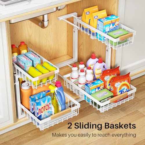 Under Sink Organizer,2 Pack Under Sink Organizers and Storage Basket, 2 Tier Metal Slide out Sink Shelf Under Cabinet Organizer Drawers for Kitchen Bathroom Pantry Home Under the Sink Organizer