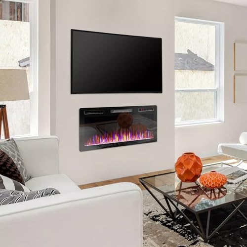 BOSSIN 72 inch Ultra-Thin Silence Linear Mirrored Electric Fireplace, Recessed Wall Mounted Fireplace,750w/1500w, 12 Adjustable Flame Color & Speed,with Timer/Touch Screen Remote