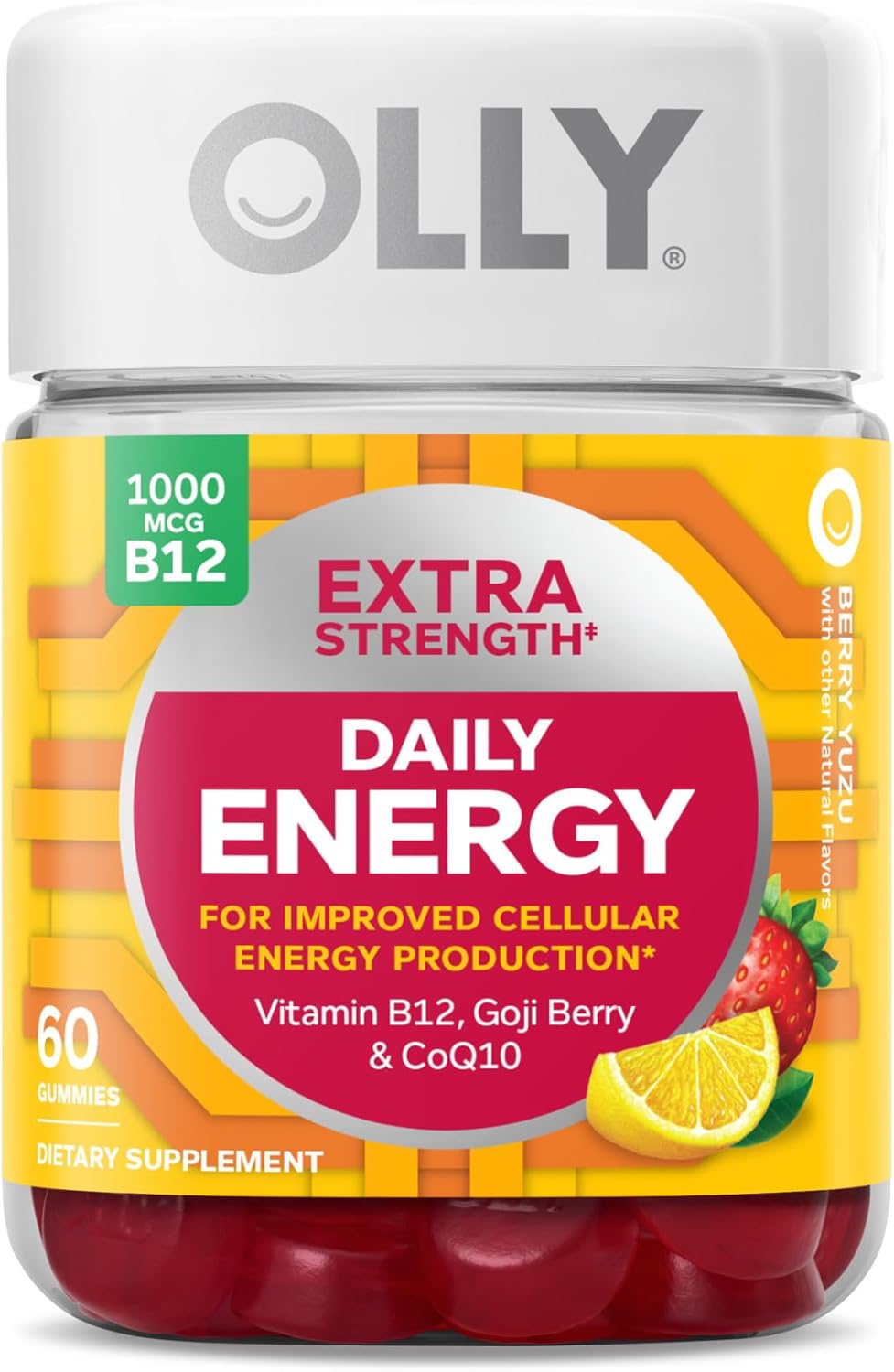 OLLY Extra Strength Daily Energy Gummy, Caffeine Free, 1000mcg Vitamin B12, CoQ10, Goji Berry & Undeniable Beauty Gummy, for Hair, Skin, Nails, Biotin, Vitamin C, Keratin, Chewable Supplement