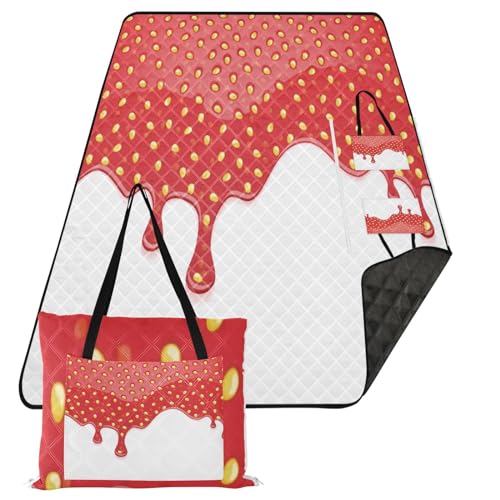 Strawberry Jam Extra Large Picnic Outdoor Blanket, Foldable Beach Blanket Waterproof Sandproof Camping Mat for Family Travel Park Wet Grass Hiking Yoga, 80 x 118 Inch
