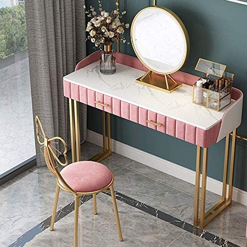 Luxury Dressing Vanity Table w/Stool for Bedroom, Modern Minimalist Light Luxury Nordic Marble Surface Dressing Table Bedroom Mini Bay Window Makeup Table(Style 1 (100cm))