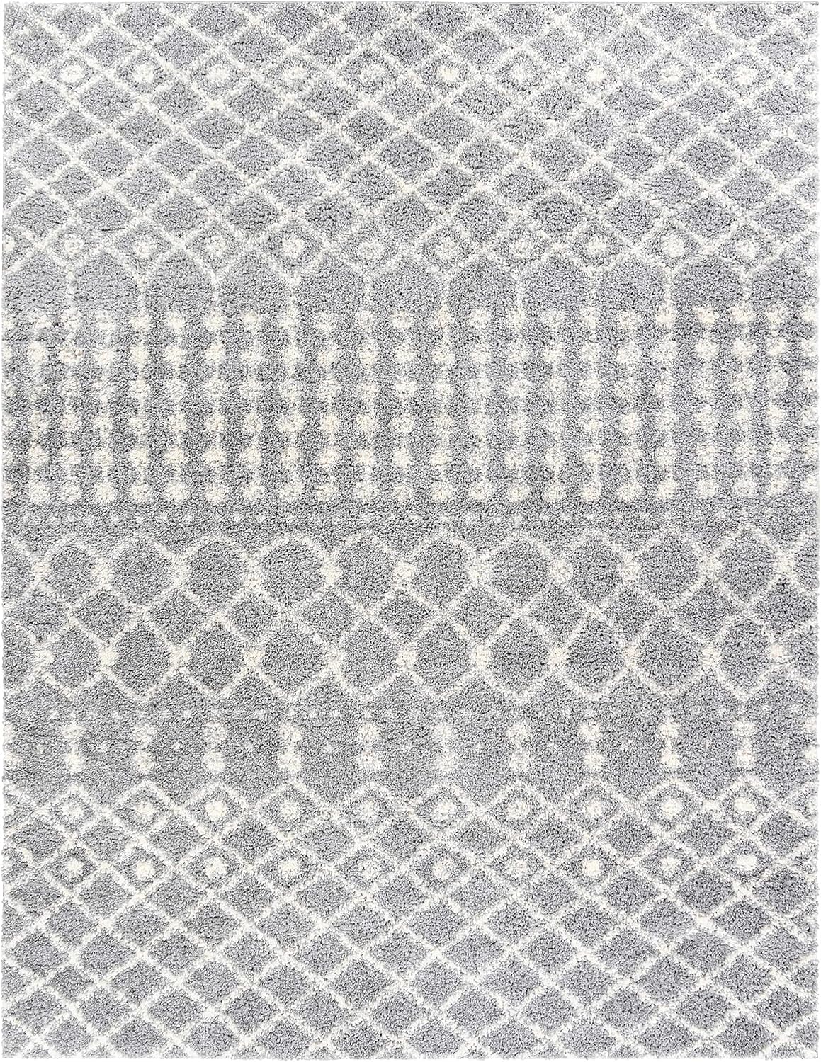 Hauteloom Lux Shag - Moroccan Farmhouse Living Room Shaggy Area Rug - Bohemian Shag Rug - Plush High Pile - Boho Soft Carpet - Trellis - Dark Grey, Grey, Off White, Beige - 5'3