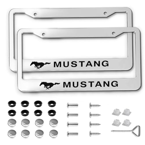 2PCS License Plate Frames for Mustang, Aluminum Front & Rear Car Tag Covers, License Plate Bracket Holder Car Accessories, Silver