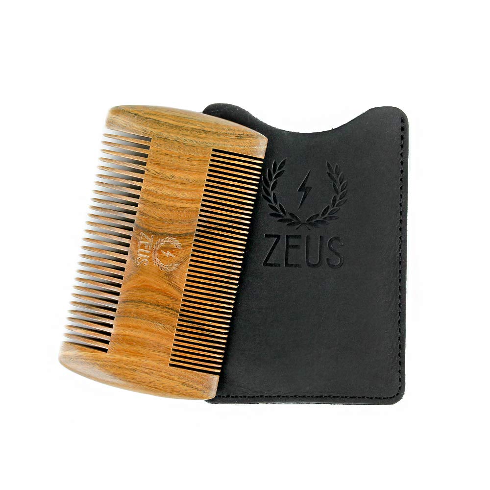 ZEUS Organic Sandalwood Double-Sided Beard Comb w/Leather Sheath - R31, Vegan-Friendly, Anti-Static, Everyday Carry Comb