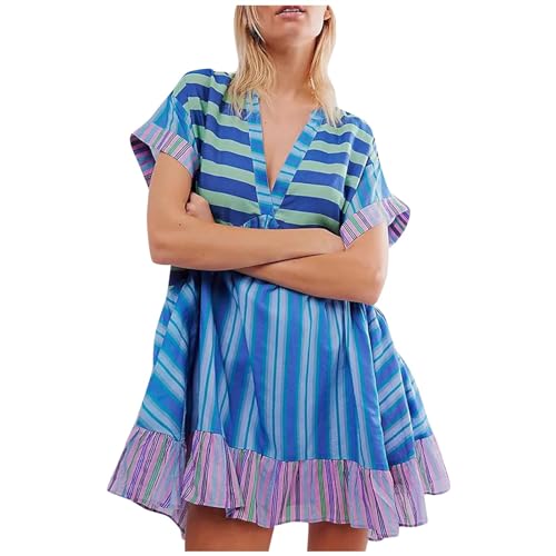 Womens Summer Dress Casual Vintage Floral Boho V Neck Swing Short Sleeve Pleated Ruffle Hem A-Line Beach Mini Dress