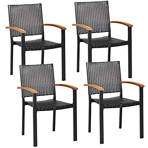 Tangkula 2 Pieces Stackable Patio Rattan Chair, Outdoor PE Wicker Dining Armchair W/Galvanized Steel Frame, Acacia-Topped Armrests, Indoor & Outdoor Wicker Chair for Patio Table, Yard (1, Mix Brown)