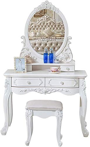 Luxurious Makeup Vanity Desk for Princess's Gift, 2 in 1 Makeup Vanity Desk European Style Dressing Table Mini Dressing Desk Solid Carved Table with Stool(80cm)