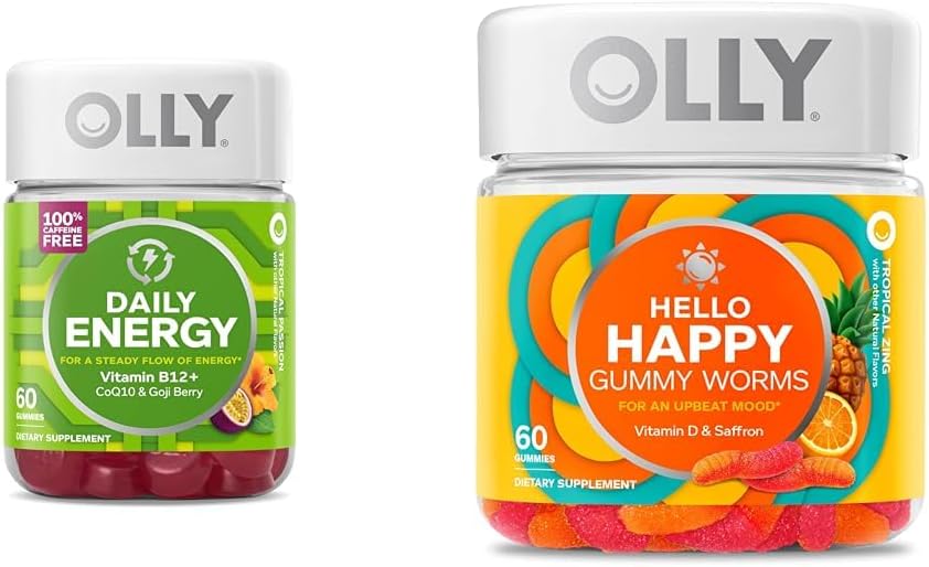 OLLY Daily Energy Gummy, Caffeine Free, Vitamin B12, CoQ10, Goji Berry, Adult Chewable Supplement & Hello Happy Gummy Worms, Mood Balance Support, Vitamin D, Saffron, Adult Chewable Supplement