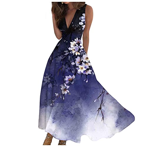 Maxi Dress Women's Loose V Neck Outdoor Sleeveless Ladies Weekend Floral Print 2024 Line Summer Swing Streetwear