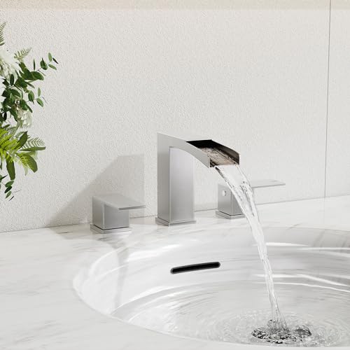 Pheistina 8-Inch Widespread Brushed Nickel 3 Holes 2 Handles Waterfall Bathroom Sink Faucet, with Metal Pop Up Drain Assembly & Cupc Water Supply Lines, NS-WF002-1-BN